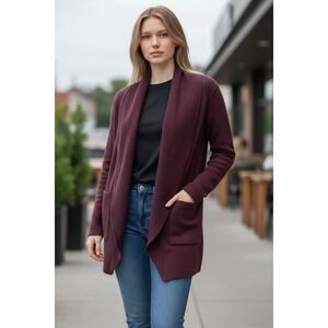 Barefoot Dreams CozyChic Lite Cardigan Burgundy Open Front Pockets Size Small